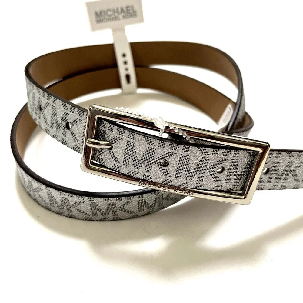 Michael Kors Signature Skinny Belt Silver Gray Monogram Womens Large L NWT